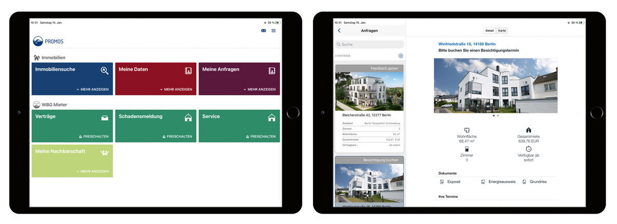 Abbildung 1: Alles auf einen Blick – Die klar strukturierte Diensteübersicht in der easysquare Interessenten-App (links). Rundum-Service zu jeder Zeit – Im Anfrageformular sind alle wichtigen Informationen gebündelt, Termine können direkt vereinbart werden (rechts). easysquare Interessenten-App mit Übersicht sämtlicher Dienste und Services sowie Anfrageformular zur Terminbuchung