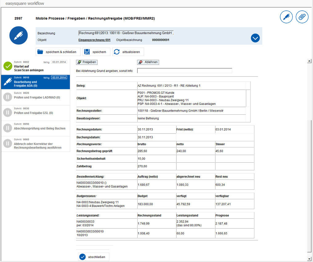 Anzeige des Leistungsstands im Rechnungsprüfungsprozess in easysquare workflow