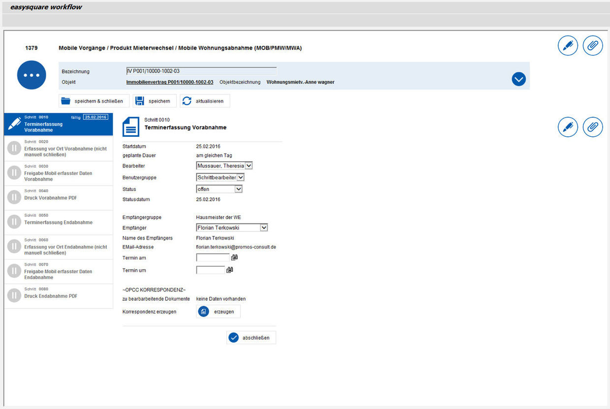 SAP Prozessschritt eines Mieterwechsels in easysquare workflow