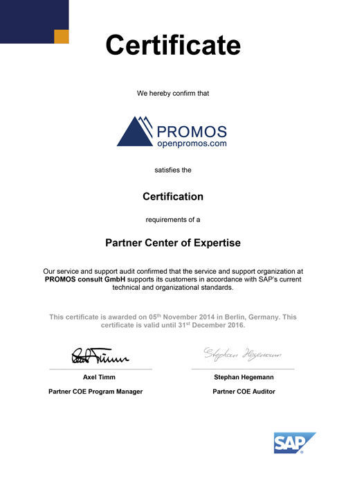 PCoE-Zertifikat der PROMOS consult von 2014