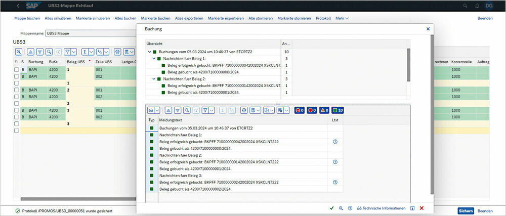 Abbildung 3: Die UBS 3.0 erzeugt ein Protokoll der Buchungen. Protokoll der Buchungen in der Universalbuchungsschnittstelle