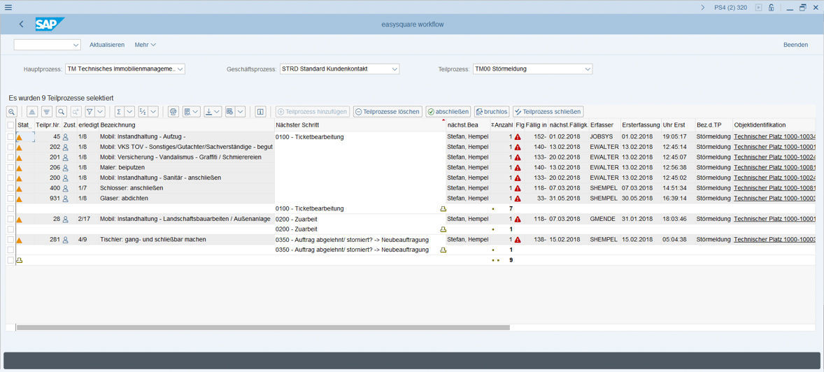 Abbildung 1: Mit der Liste Ihrer offenen Prozesse können Sie sich in easysquare workflow mühelos einen Überblick über den Bearbeitungsstand Ihrer Störmeldungen verschaffen. Überfällige Aufgaben landen im persönlichen Arbeitskorb des zuständigen Mitarbeiters und kein Vorgang kann mehr unter den Tisch fallen. Übersicht von Störmeldungsprozessen in easysquare worklfow