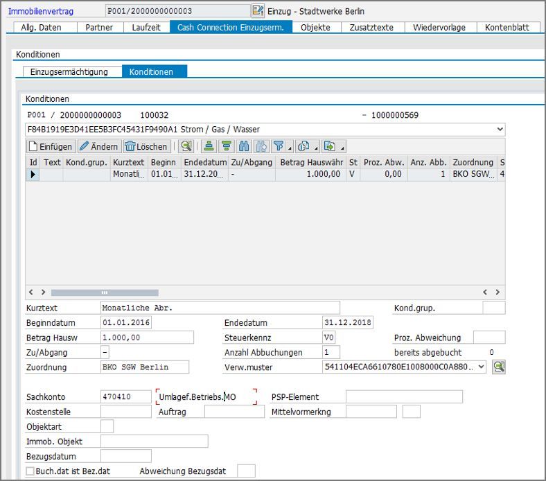 Im Reiter zur Cash Connection können die Einzugsermächtigung sowie deren Konditionen gepflegt werden.  PROMOS Cash Connection zur Pflege der Einzugsermächtigung sowie deren Konditionen