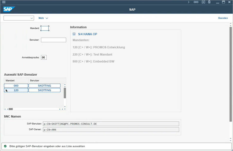 Abbildung 2: Das Single Sign-On für SAP GUI erfordert für die Anmeldung lediglich eine Mandantenauswahl. Single Sign-On für SAP-Anwendungen bei PROMOS consult