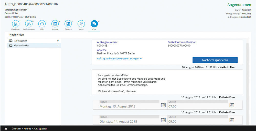 Chat mit dem Mieter zum Auftrag im easysquare Handwerkerportal