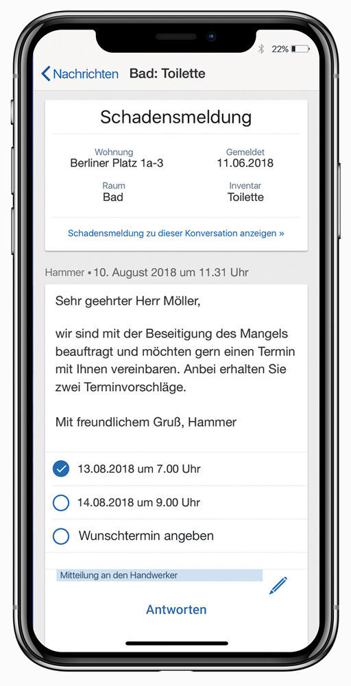 Abbildung 4: Chat mit dem Mieter in der Mieter-App.  Chat mit dem Mieter in der easysquare Mieter-App