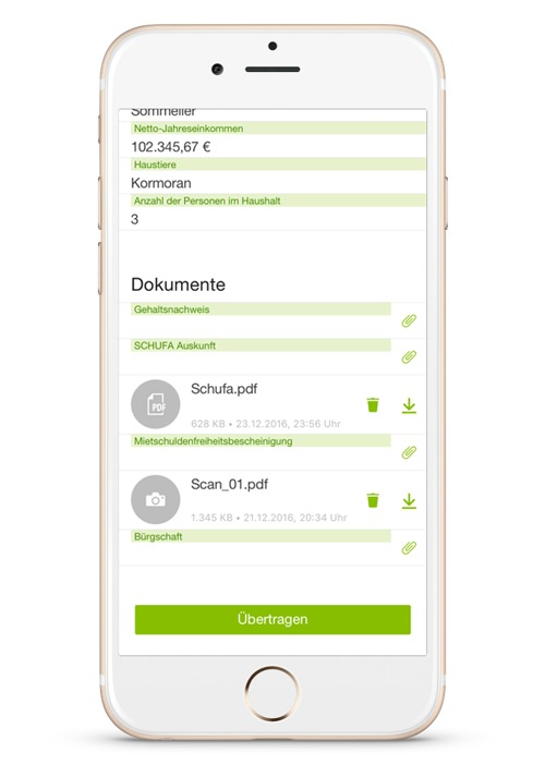 Abbildung 1: Arbeitserleichterung auf beiden Seiten: der Interessent bestimmt selbst, welche und wie lange Unterlagen dem Wohnungsunternehmen zur Verfügung stehen. Datenschutzkonforme Dokumentenverwaltung in der easysquare Interessenten-App