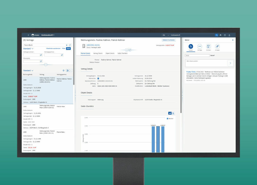 Mit der digitalen Kontoauskunft stehen Immobilienverwaltern stets alle relevanten Daten zu einem Mietverhältnis mit nur „einem Klick“ zur Verfügung. Schnelle Informationen zur Mieterschaft in der PROMOS Kontoauskunft für SAP Fiori