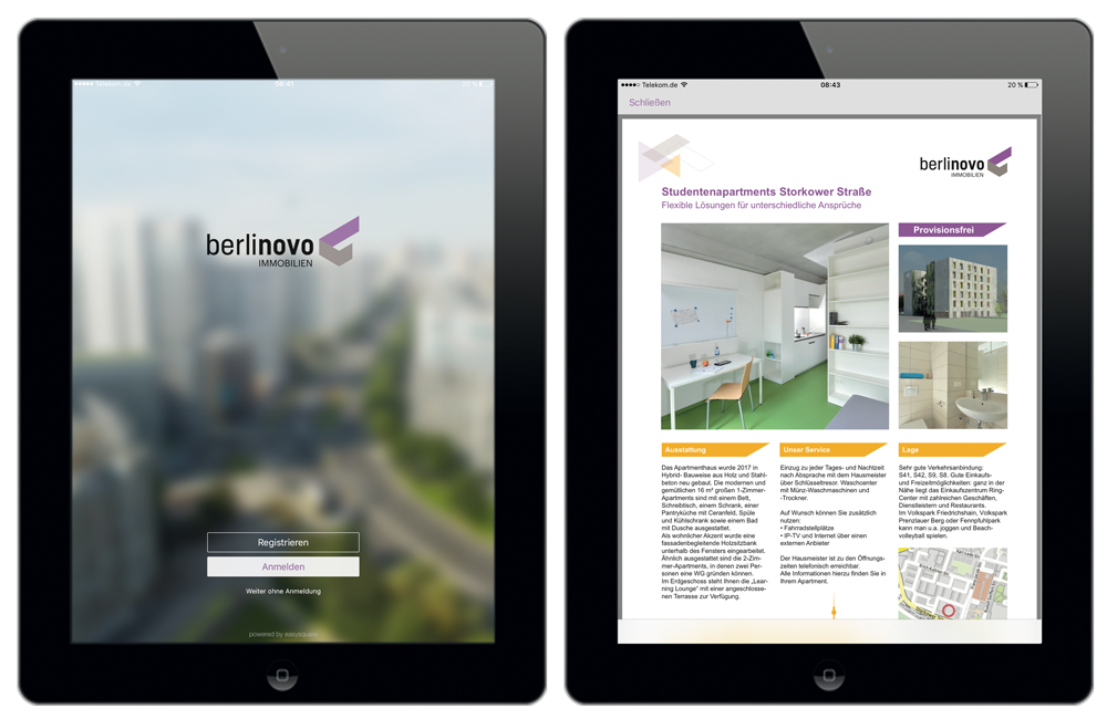 Abbildung 2+3: Apartmentsuche leicht gemacht. Alle Informationen auf einen Blick. berlinovo App auf dem iPad powered by easysquare