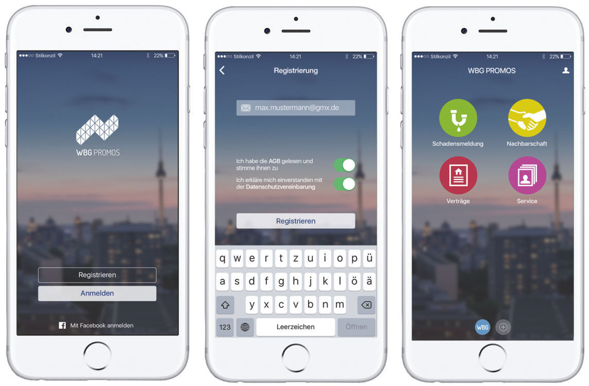 Abbildung 1: Die Registrierung nach dem Download sowie die Zustimmung zu AGBs und Datenschutzvereinbarung. Bestimmte Dienste, z. B. Verträge, erfordern eine Freischaltung. Die easysquare Kunden App für Mieter erfordert für bestimmte Dienste eine Registrierung und Freischaltung durch die Hausverwaltung