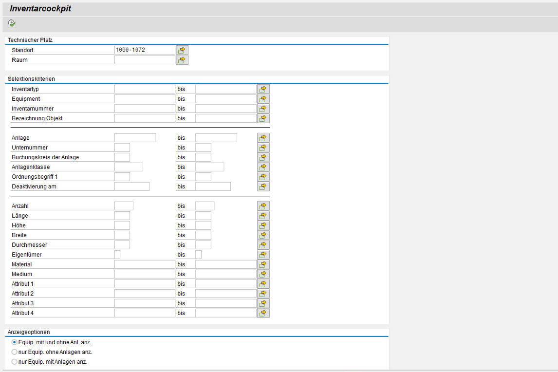 SAP Selektionsbildschirm im PROMOS Inventarcockpit