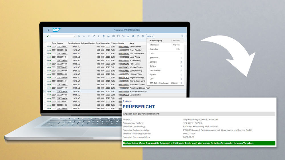 Auf Knopfdruck können aus den bestehenden FI-Belegen in SAP ® Datensätze im neuen XRechnungsformat erzeugt werden. Mit der hauseigenen Lösung zur XRechnung kann PROMOS Rechnungen im neuen digitalen Format an öffentliche Behörden versenden.