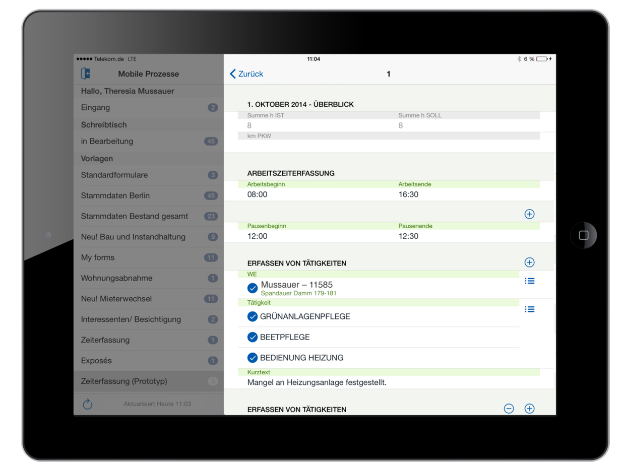 Erfassungssicht der easysquare Zeiterfassung: Kataloge und eine Mehrfachauswahl beschleunigen die Eingabe in der iPad-App.