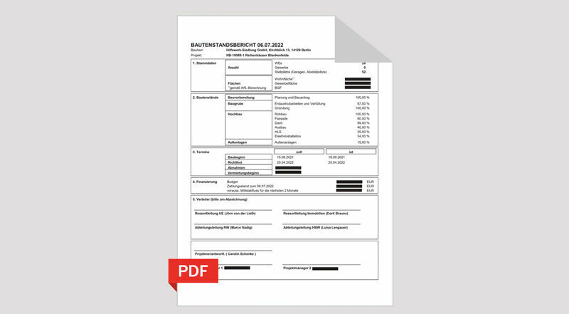 Abbildung 1: Das fertige Bautenstandsbericht-PDF wird automatisch generiert und kann sofort gespeichert und / oder ausgedruckt werden. digitaler Bautenstandsbericht als PDF bei der Hilfswerk-Siedlung Berlin