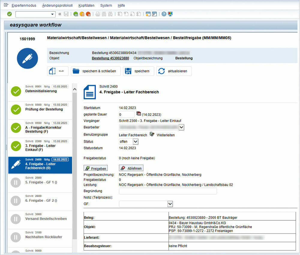 Easysquare workflow leitet die Mitarbeitenden des Unternehmens intuitiv und übersichtlich durch die einzelnen Schritte im Beschaffungsprozess.