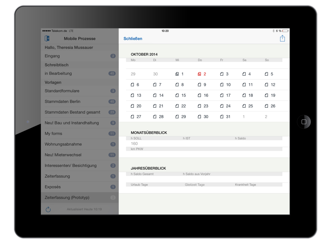 Kalendersicht zur Zeiterfassung in der easysquare mobile App: Der Mitarbeiter wird intuitiv durch die Anwendung auf dem iPad geführt. 