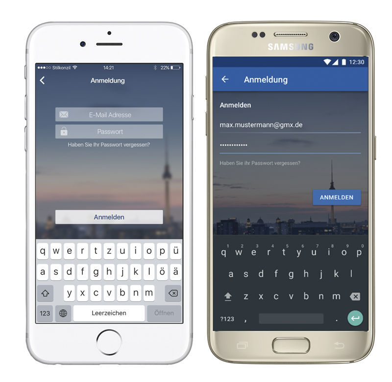 Abbildung 2: Der „Anmelde“-Button beim iPhone ist zentriert. Hier erfolgt eine rechtsbündige Ausrichtung. Vergleich der easysquare mobile App zwischen Android und iOS