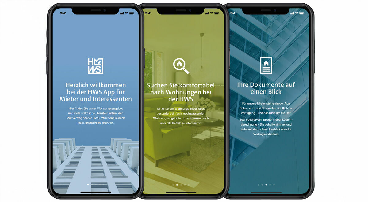 Abbildung 1: Mit der Mieter-App können Mieterinnen und Mieter (auch potenzielle) auf verschiedene Dienste und Dokumente zugreifen und nach Wohnungen der HWS suchen. HWS Mieter-App