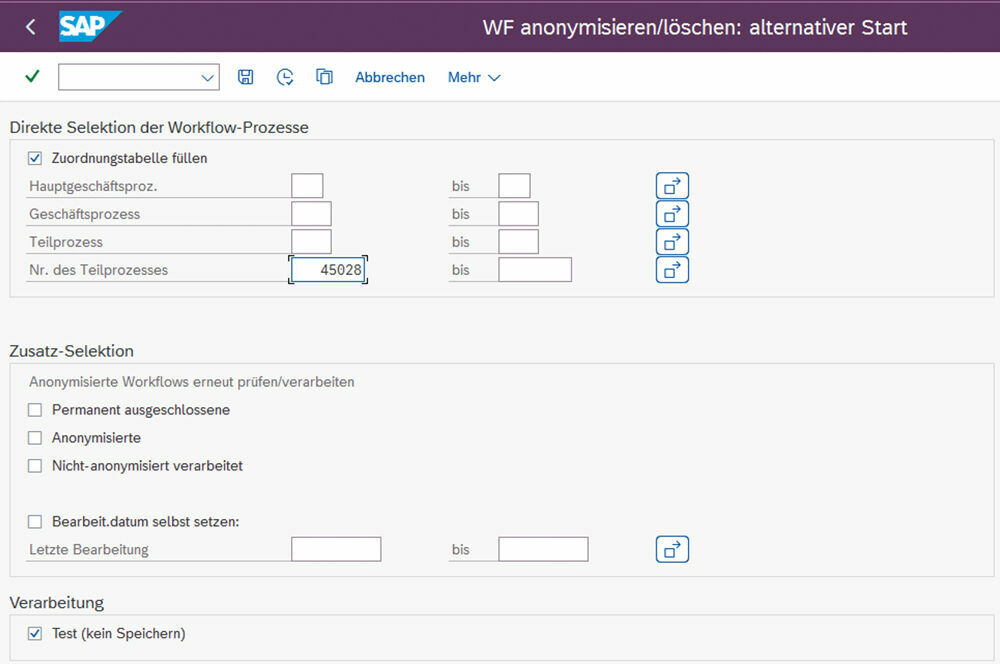 Selektionsmaske für die Anonymisierung von Workflow-Prozessen
