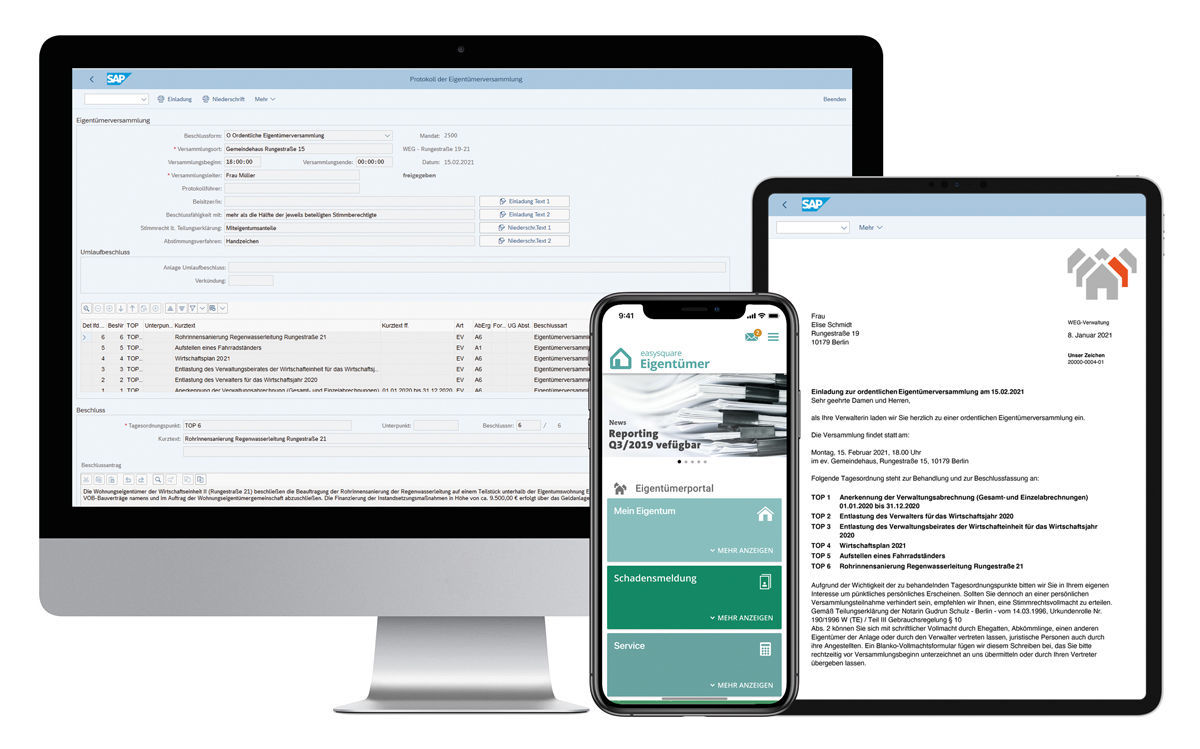 Verschiedene Lösungen erleichtern das Management von WEGs. In SAP ® wird z. B. die Beschlussfassung und die Organisation von Eigentümerversammlungen unterstützt. Die easysquare Eigentümer App fördert die Kommunikation von Eigentümern und Verwaltern. Mit den Lösungen von PROMOS für Smartphone, Tablet und SAP wird das Management von Wohneigentümergemeinschaften deutlich erleichtert.
