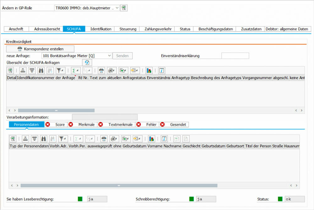 Abbildung 1: Eine Bonitätsauskunft für SAP ® -Geschäftspartner kann sowohl durch das Auswählen der dazugehörigen Rollen über den zentralen Geschäftspartner (BP) als auch über den Absprung aus der Transaktion im Immobilienvertrag eingeholt werden. Integrierte Schufa-Schnittstelle in SAP aus dem Hause PROMOS