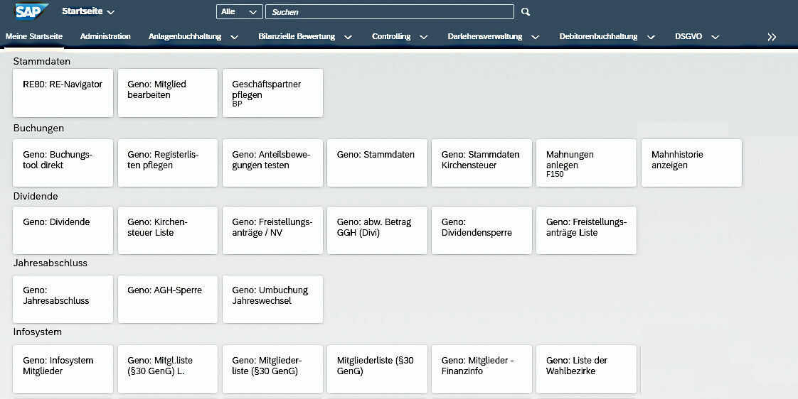 Abbildung 3: Im Fiori ® Launchpad können alle wichtigen Anwendungen der genossenschaftlichen Verwaltung aufgabenorientiert aufgerufen werden. Übersicht der Funktionen der Genossenschaftslösung im Fiori Launchpad