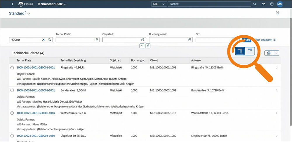 Abbildung 5: Ein- und Ausblenden von Listeninformationen über einheitliche Buttons. Ein- und Ausblenden von Informationen durch Buttons im Fiori Launchpad