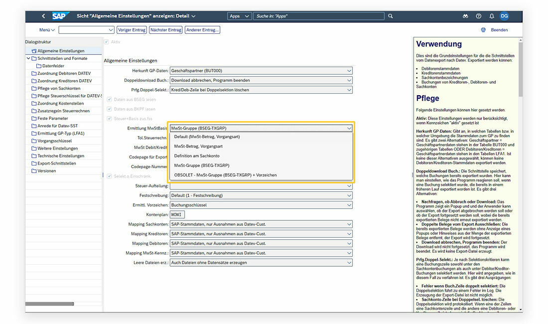 Im Customizing können Kunden individuelle Einstellungen zur Ermittlung der Mehrwertsteuerbasis selbst vornehmen.  Im Customizing der PROMOS DATEV-Schnittstelle kann der Kunde selbst bestimmte Einstellungen zum Steuerrechnen vornehmen.