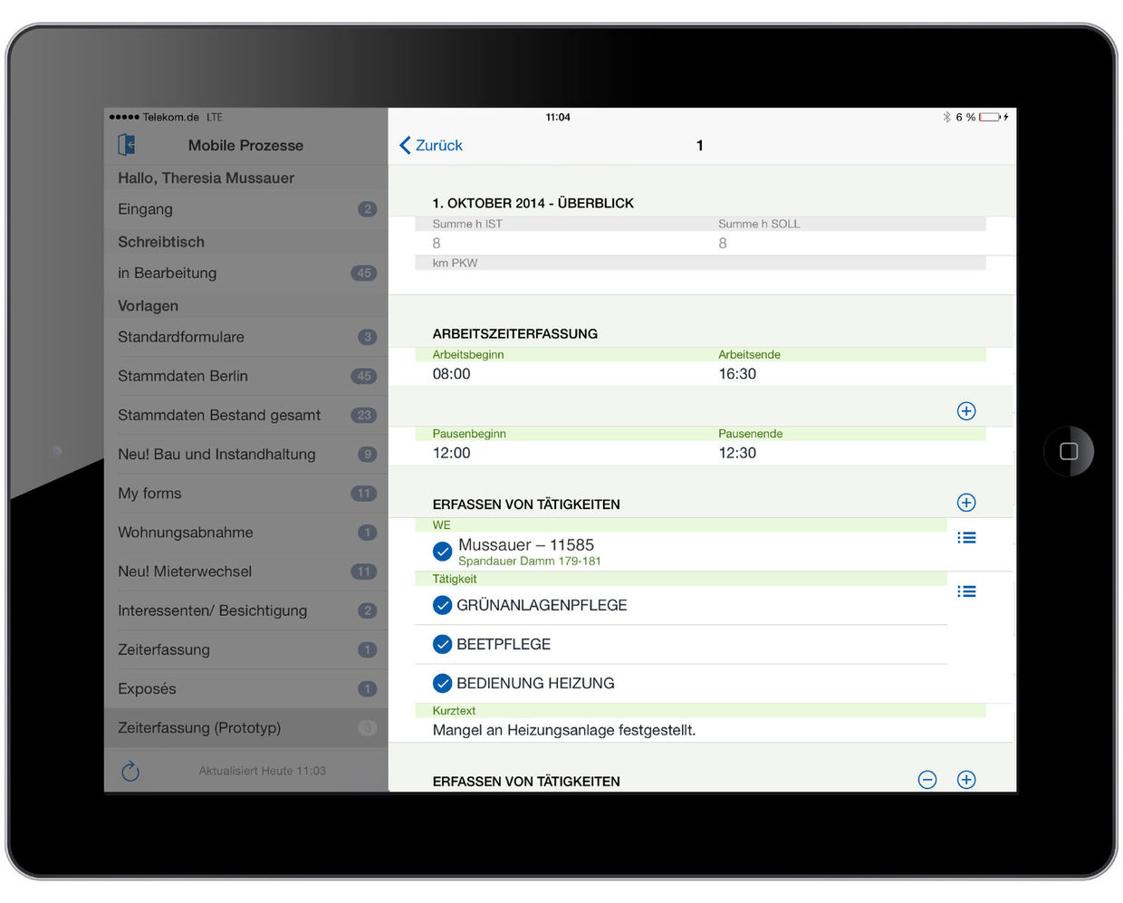 Erfassungssicht: Kataloge und eine Mehrfachauswahl beschleunigen die Eingabe. Mobile Erfassung der Arbeits- und Reisezeiten mit easysquare mobile auf dem iPad