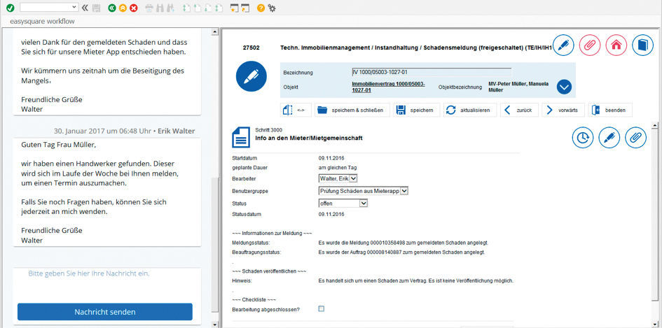 Abbildung 2: Die strukturierte Bearbeitung der Meldung erfolgt in easysquare workflow. Bearbeitung einer Meldung aus der Mieter-App in easysquare workflow