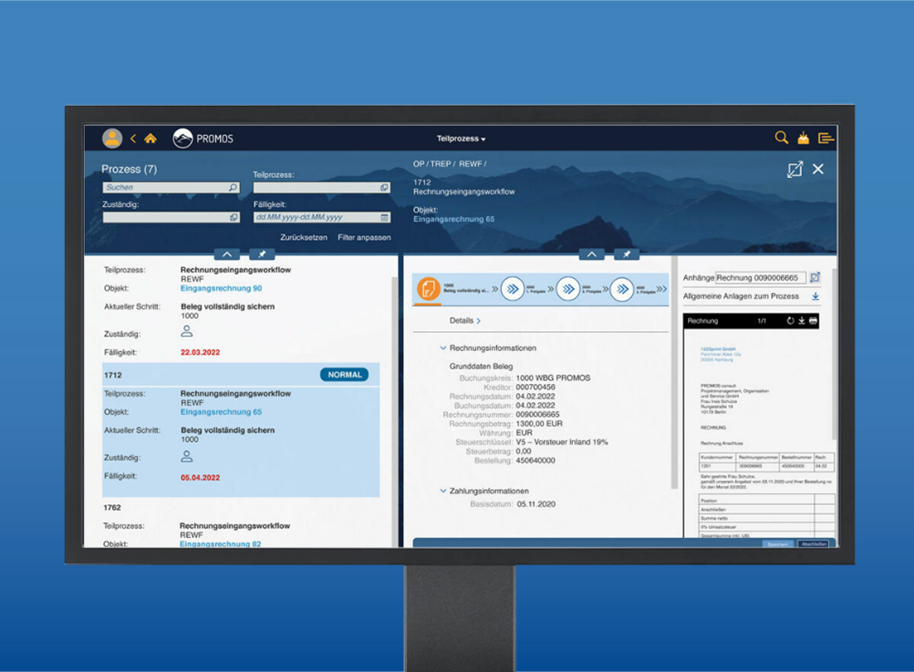 Unsere Templates beinhalten maßgeschneiderte Lösungen für das tägliche Geschäft der Immobilienverwaltung. Ein Highlight im Bereich Financials ist der Rechnungseingangsworkflow zur digitalen Bearbeitung aller Prozessschritte rund um den Rechnungseingang. Digitaler Rechnungseingangsworkflow mit dem PROMOS Prozesssteuerungstool easysquare workflow