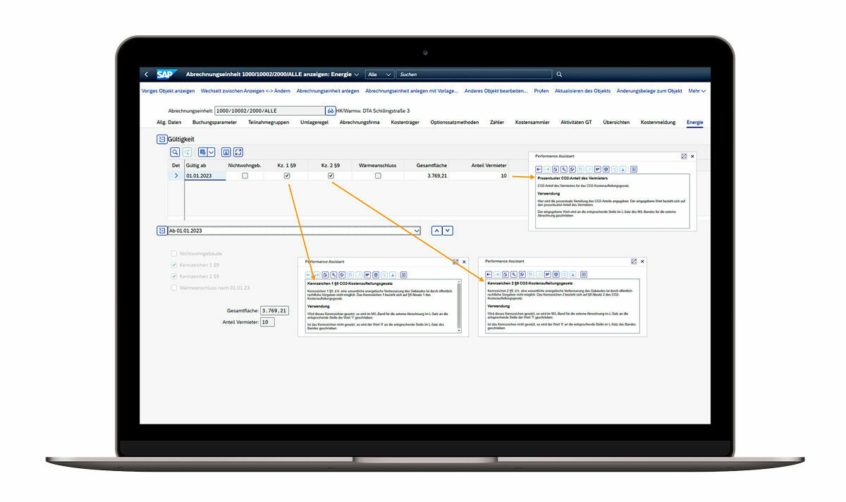 In der Abrechnungseinheit befinden sich nach Einrichtung entsprechende SAP ® Hinweise zur CO 2 -Emissionskostenaufteilung. PROMOS schafft die Möglichkeit, die CO2-Emissionskosten im NKPU zu erfassen.
