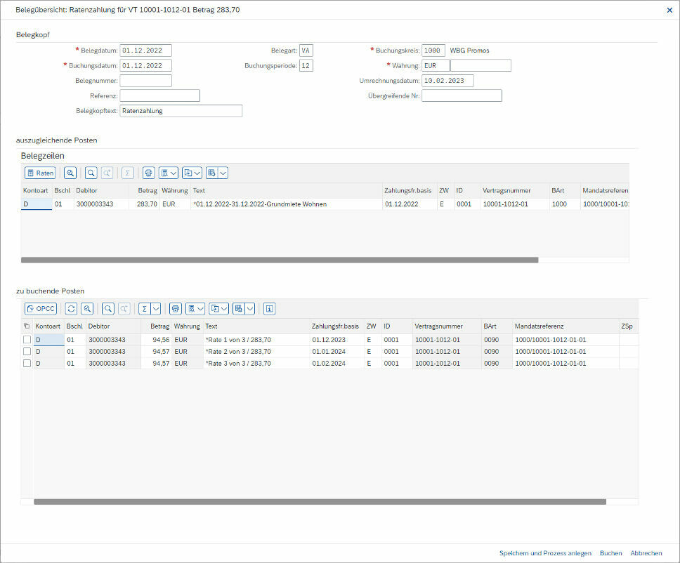 Ansicht einer Ratenvereinbarung im PROMOS.GT