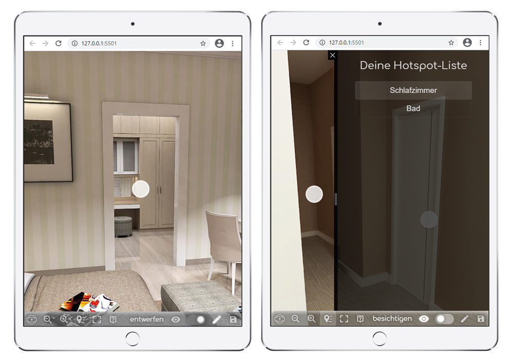 Besichtigungsmodus und Hotspot-Liste für 360-Grad Besichtigungen in der Vermietungslösung von easysquare