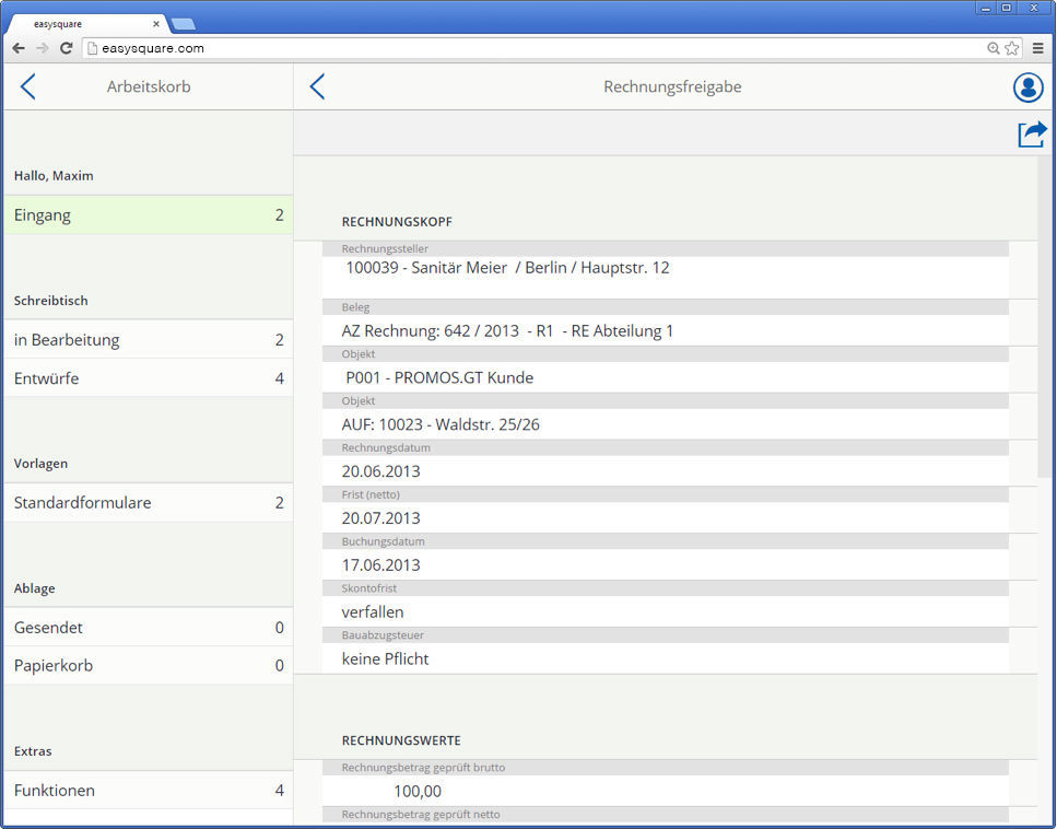 Digitales Formular zur Rechnungsfreigabe in der easysquare mobile WebApp