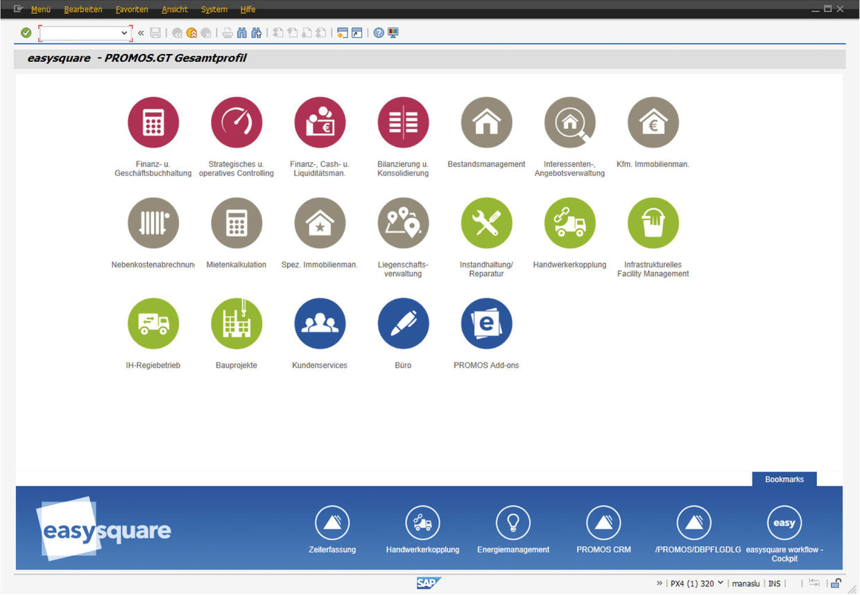 Die Funktionsauswahl mit farblichen Icons beim Systemeinstieg mit easysquare workflow