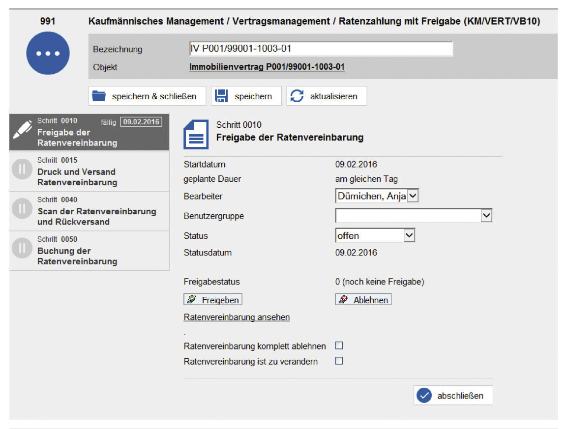 Abbildung 1: Schritt „Freigabe“ im easysquare Ratenzahlungsprozess. Ansicht des Prozessschrittes „Freigabe“ im easysquare Ratenzahlungsprozess in SAP