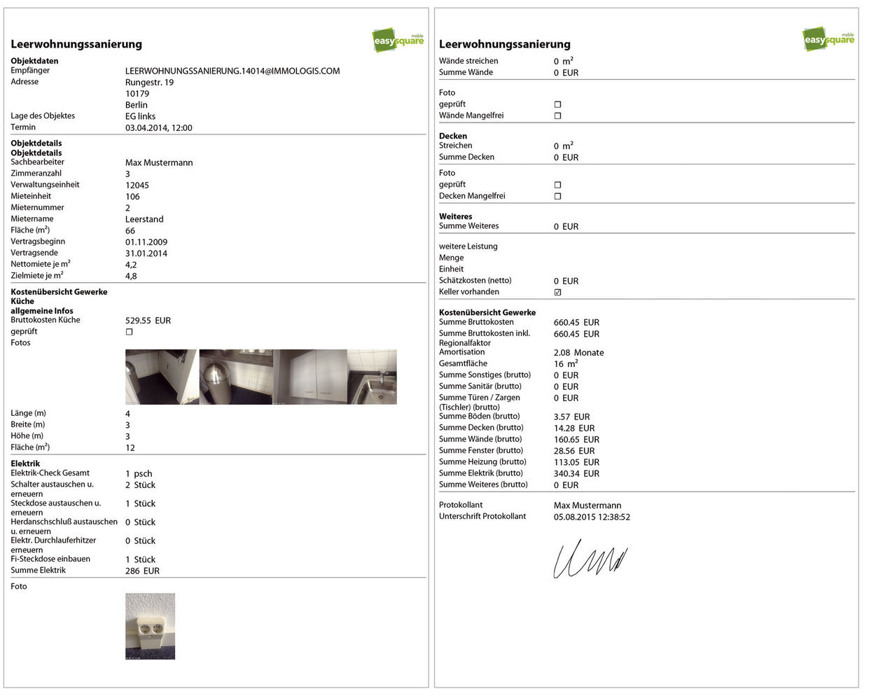 Abbildung 2: PDF-Protokoll aus den ausgefüllten digitalen Formularen inkl. aller Fotos und Unterschrift. PDF-Protokoll aus den ausgefüllten digitalen Formularen inkl. aller Fotos und Unterschrift mit der easysquare Leerwohnungssanierung