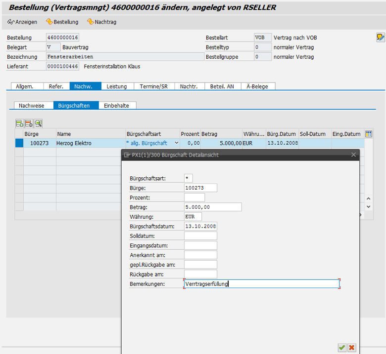 Bauauftragsabwicklung: Dialog zur Erfassung von Bürgschaften