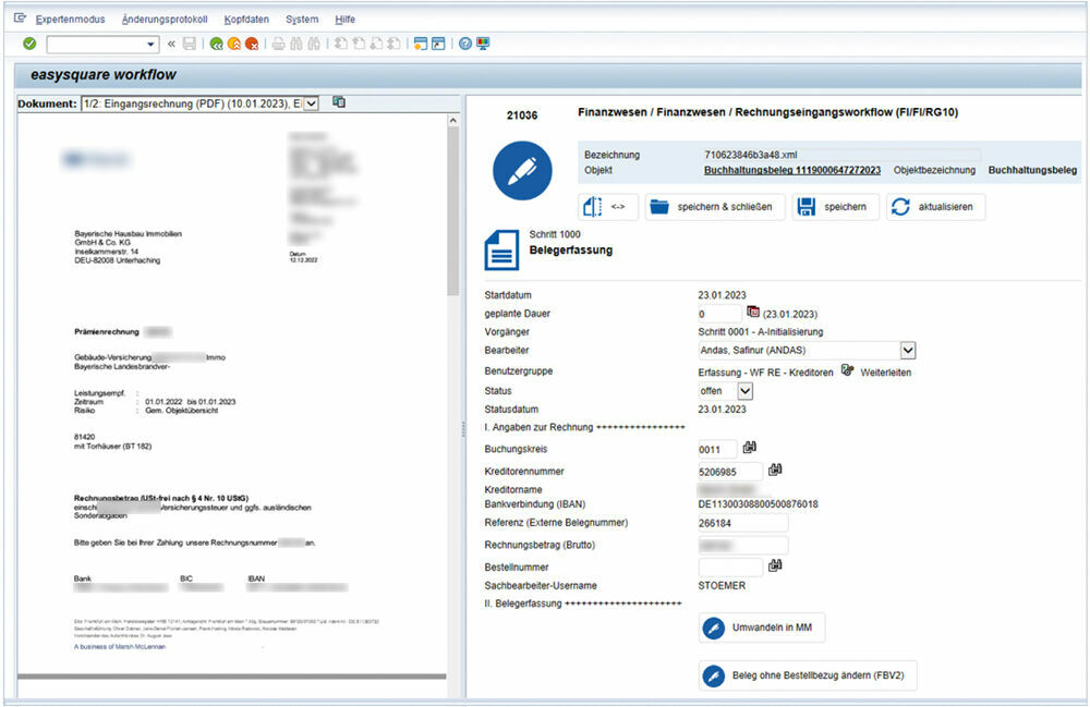 Ein Splitscreen in easysquare workflow erleichtert die Rechnungsfreigabe