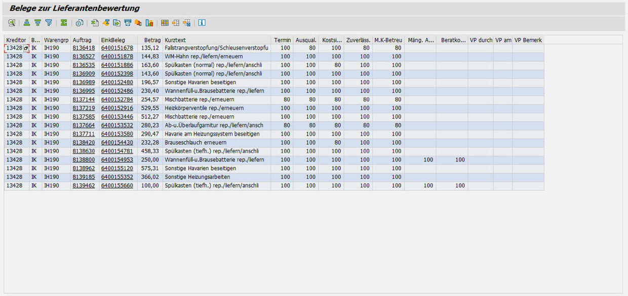 Kundenspezifische Liste: Belege zur Lieferantenbewertung in SAP