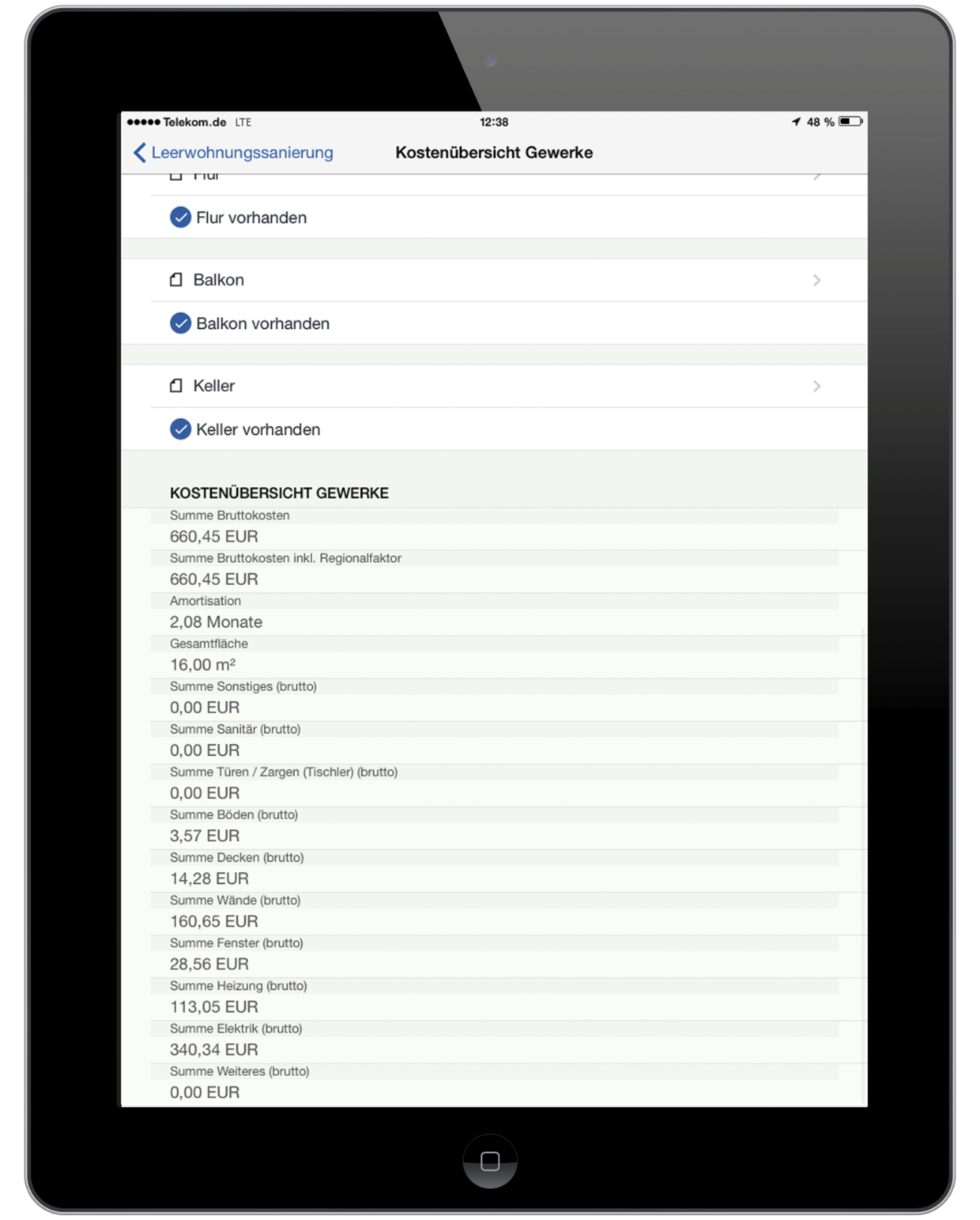 Abbildung 1: Übersichten über die Gesamtkosten, Amortisationszeiten oder auch die Mehrwertsteuerberechnung sind in der App verfügbar. Übersichten über die Gesamtkosten, Amortisationszeiten oder auch die Mehrwertsteuerberechnung in der easysquare Leerwohnungssanierung