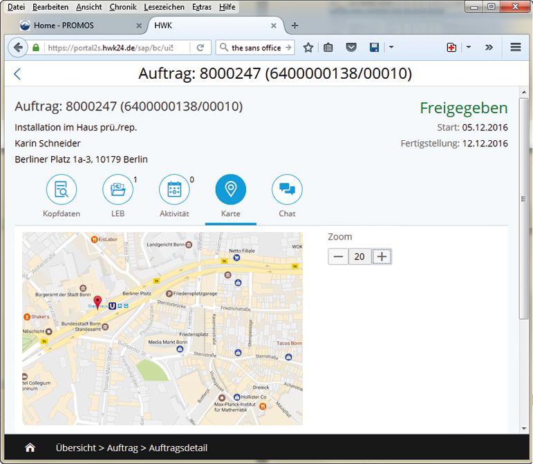 Abbildung 3: Neue Kartenfunktion im Handwerkerportal.  Darstellung der Kartenintegration im easysquare Handwerkerportal