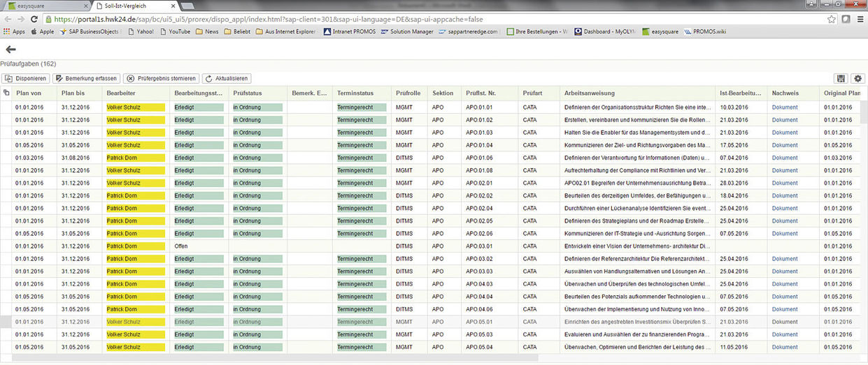 Soll/Ist Liste im easysquare Webportal.