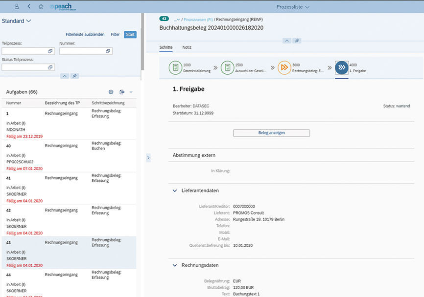 Abbildung 2: Der Rechnungseingangsworkflow mit easysquare automatisiert den Verarbeitungsprozess, sodass lediglich die Freigabe manuell erteilt werden muss. easysquare Rechnungseingangsworkflow in S/4HANA bei Peach Property im Einsatz zur Digitalisierung der Rechnungsverarbeitung
