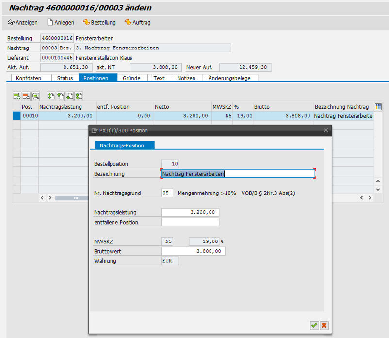 Dialog zur Nachtragserfassung