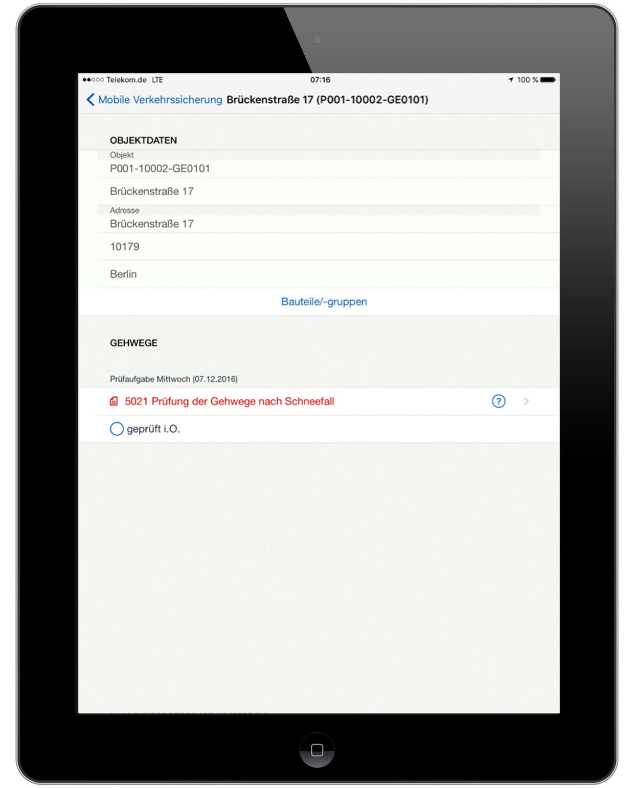 Abb. 1: Mobiles Formular dereasysquare mobile App zur Erfassung von Prüfergebnissen. Mobiles Formular dereasysquare mobile App zur Erfassung von Prüfergebnissen im Rahmen des Winterdienstes.