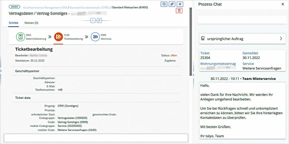 Abbildung 2: Über die Ticketbearbeitung werden Workflows digitalisiert und alle Anliegen an einer Stelle gebündelt. Ticketbearbeitung in SAP Fiori der Talyo Property Services