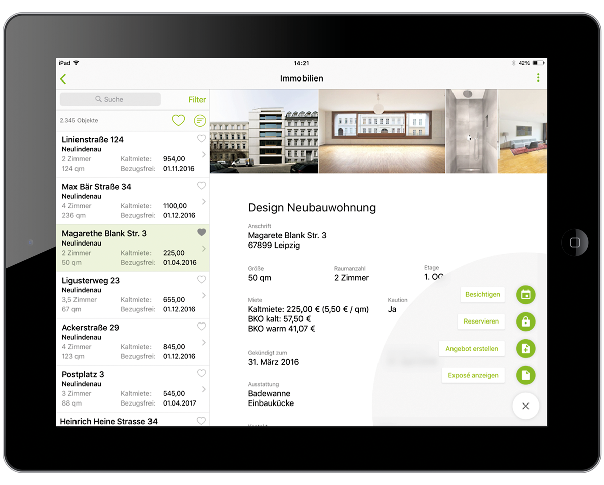 Abbildung 2: Dienst "Immobilien" mit den Objektstammdaten – Darstellung auf dem iPad. Der Dienst "Immobilien" mit den Objektstammdaten in der easysquare Vermietungslösung, hier Darstellung auf dem iPad