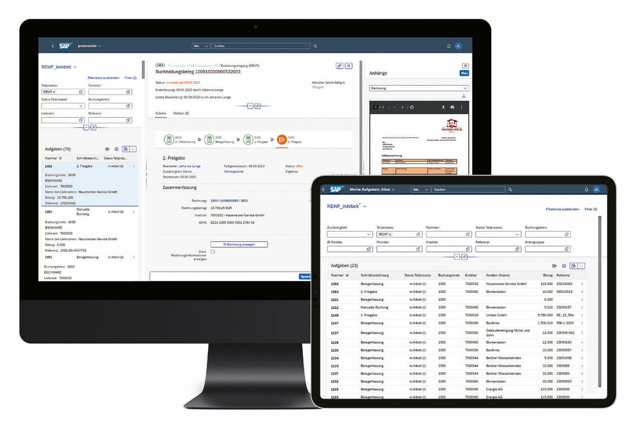 Abbildung 2: Mit dem digitalem Rechnungseingangsworkflow können Buchungen papierlos und effizient geordnet und bearbeitet werden – ob auf dem mobilen Endgerät oder Computer. Digitaler Rechnungsworkflow in PROMOS.GT ready2